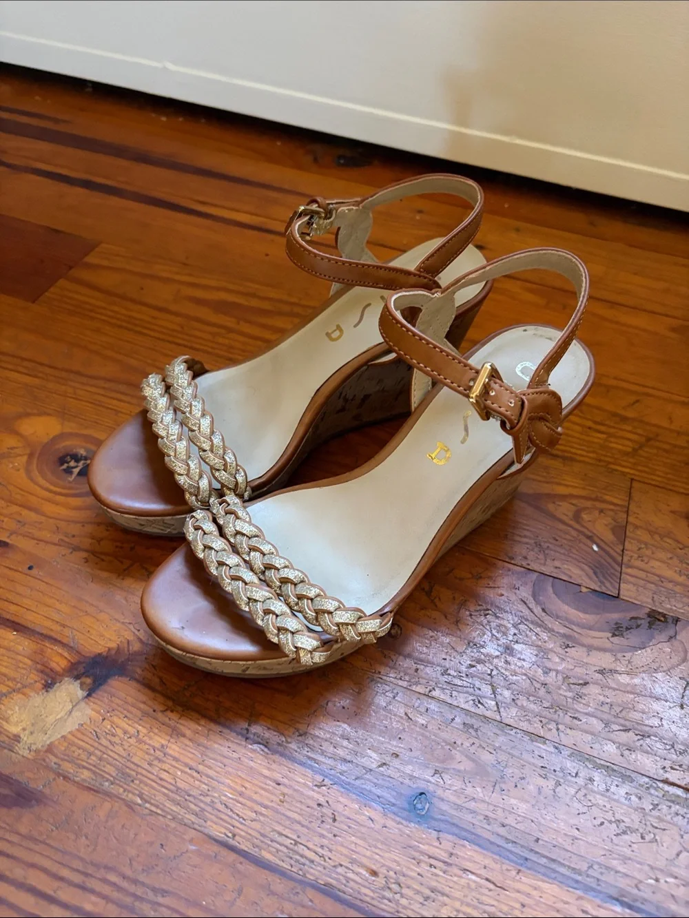 Unisa Tan Wedge Sandals with Gold Braided Straps